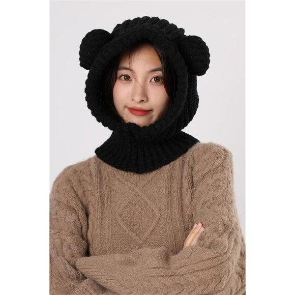 Women\'s Black Cute Bear Balaclava Warm Hooded Scarf Beanie Hat Skull Pullover main image 4